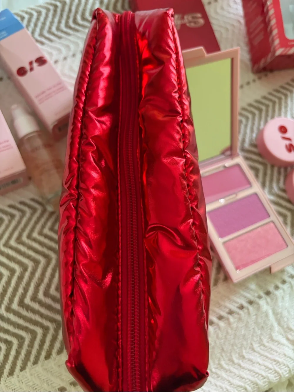 ONE/SIZE Pink Makeup Palette & Accessories with Red Metallic Pouch